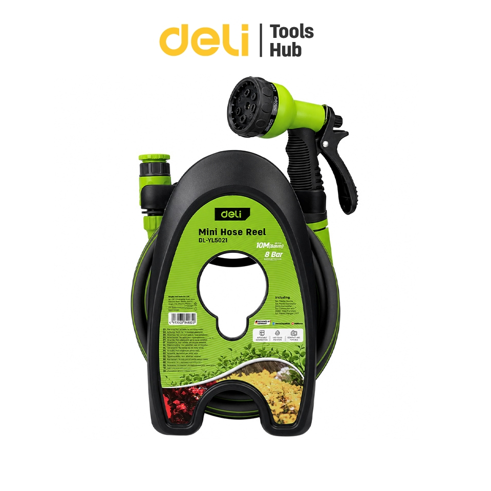 Deli ที่เก็บสายยาง ชุดสายยางฉีดน้ำ สายยางอเนกประสงค์ 10 เมตร หัวฉีด 3/4 นิ้ว Mini Hose Reel