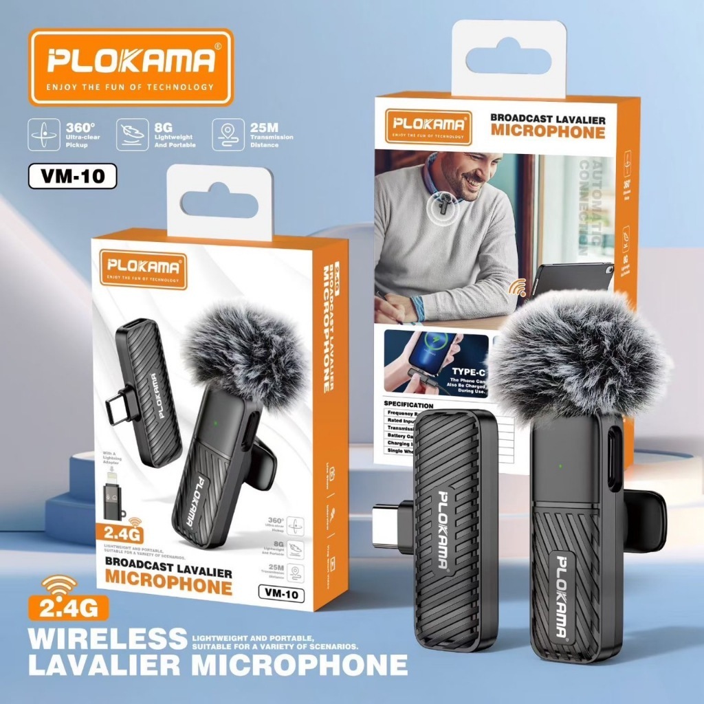 PLOKAMA  Microphone ไมโครโฟนไร้สายแบบพกพาใช้สําหรับ สมาร์ทโฟน ไมค์ไร้สายหนีบเสื้อ ไมค์หนีบปกเสื้อ VM-10