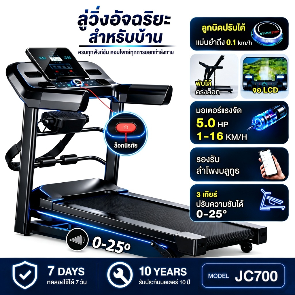 ลู่วิ่งไฟฟ้า JC700 5.0HP treadmill ลู่วิ่งพับได้ อเนกประสงค์สำหรับใช้ในบ้าน ปรับความเร็วอัตโนมัติ ฟร