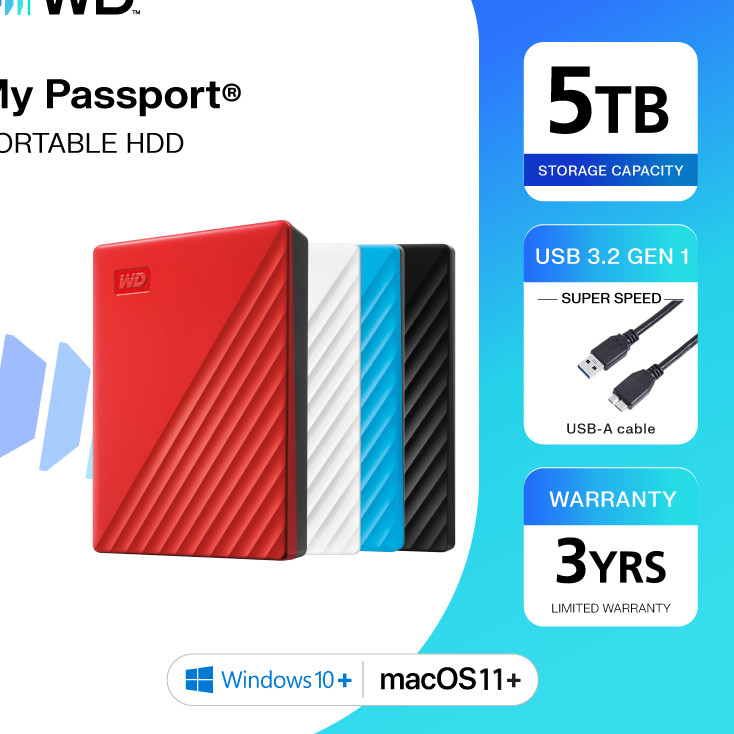Western Digital HDD 5 TB External Harddisk ฮาร์ดดิสพกพา รุ่น My Passport ความจุ 5 TB USB 3.2 Gen 1