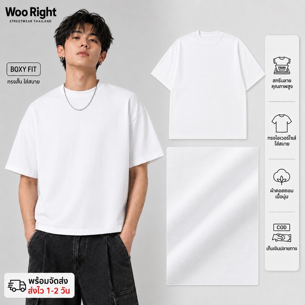 Woo Right Boxy crop tee เสื้อยืดผู้ชาย เสื้อแฟชั่น ลายข้อความไทย ผ้าฝ้ายแท้ สวมใส่สบาย
