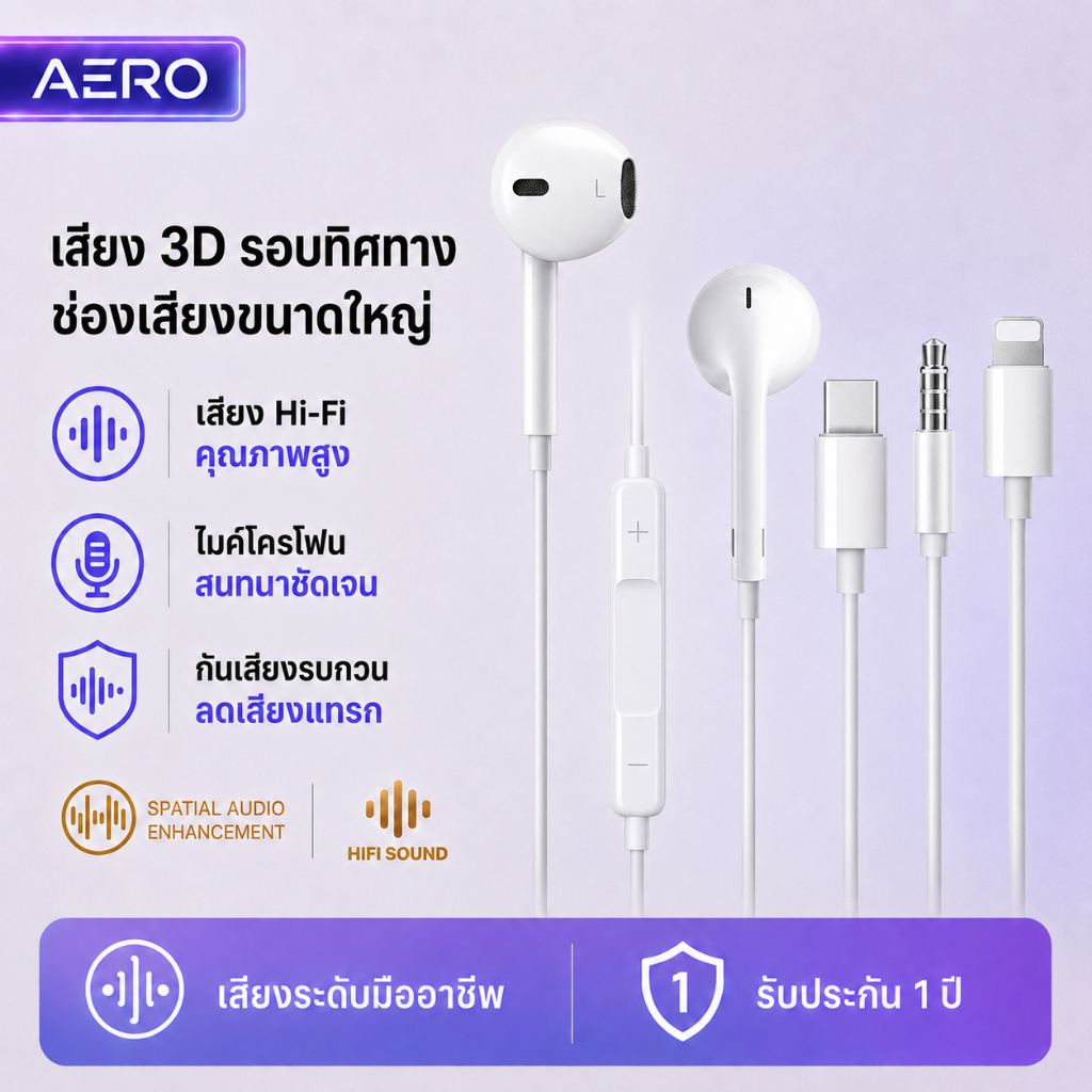 AERO หูฟังแบบมีสาย เสียงเบสสเตอริโอ อินเอียร์พร้อมไมโครโฟน Type-C สำหรับระบบ iOS เอฟเฟกต์เสียง 3D หูฟังโทรศัพท์
