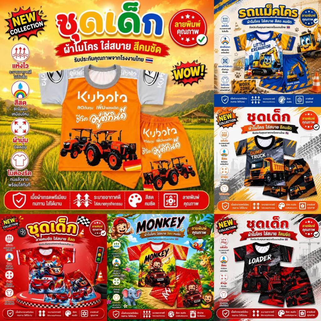 ส่งด่วน ชุดเด็กเสื้อกางเกงลายรถ ผ้าไมโครนุ่มเด่ง ปั่นได้แห้งไว