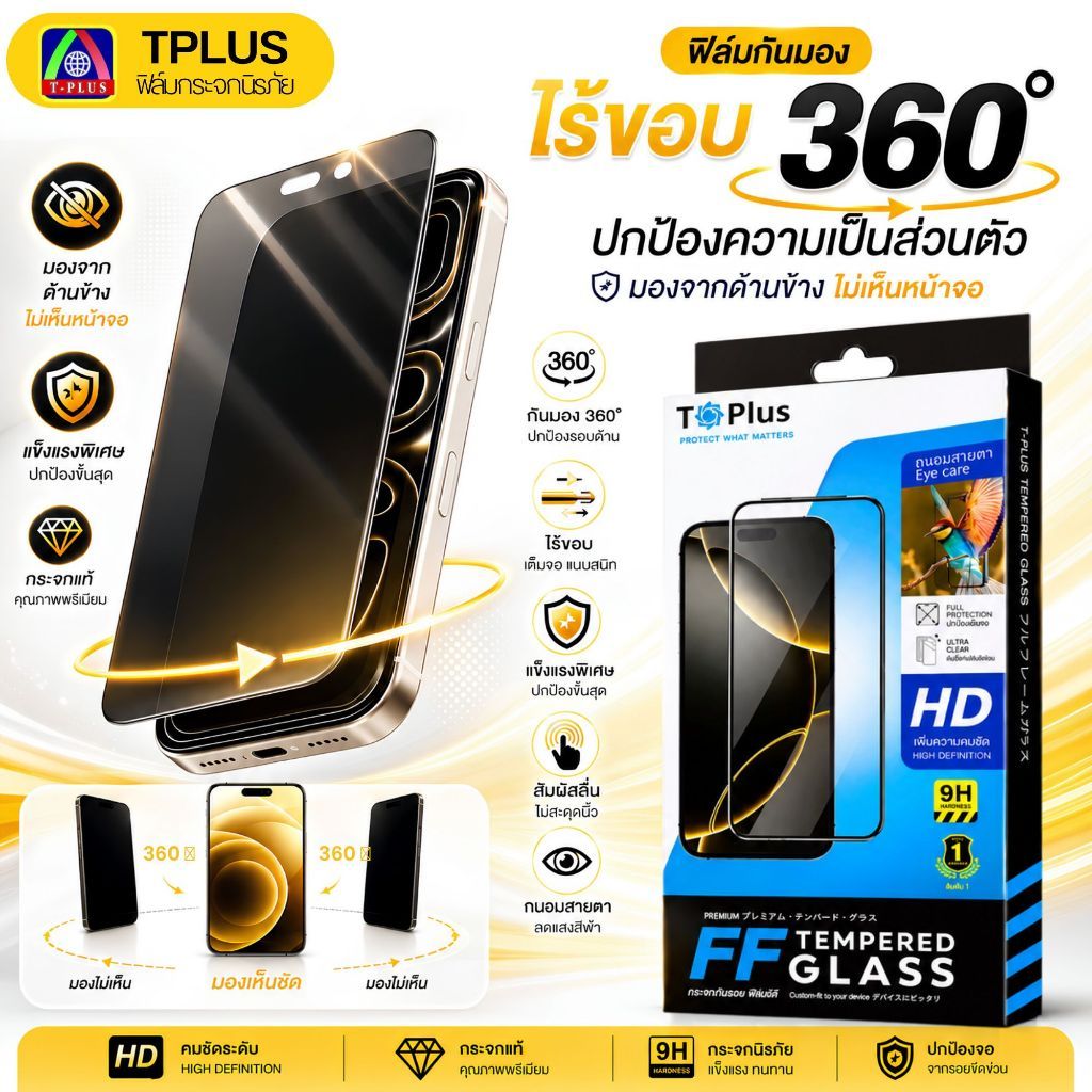 T-Plus ฟิล์มกันมองรอบทิศ ไร้ขอบปกป้องความเป็นส่วนตัวขั้นสุดIPhone 18 18Pro 18Promax 17 17E 17Pro 17Promax