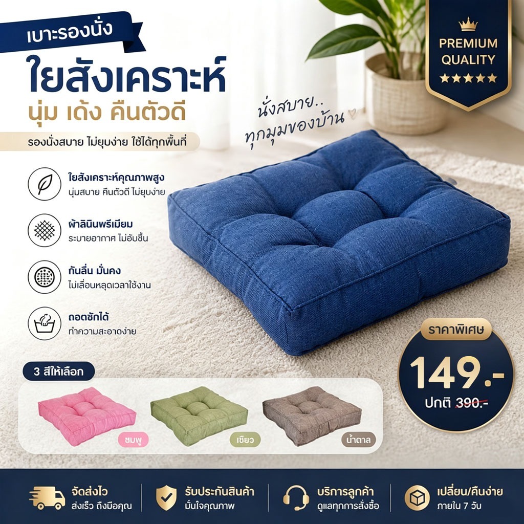 เบาะรองนั่งหนา ขนาด 40×40 ซม. ทำจากผ้าฝ้ายและผ้าลินิน เหมาะสำหรับเก้าอี้สำนักงาน พรมปูพื้น และโซฟา มีให้เลือก 4 สี