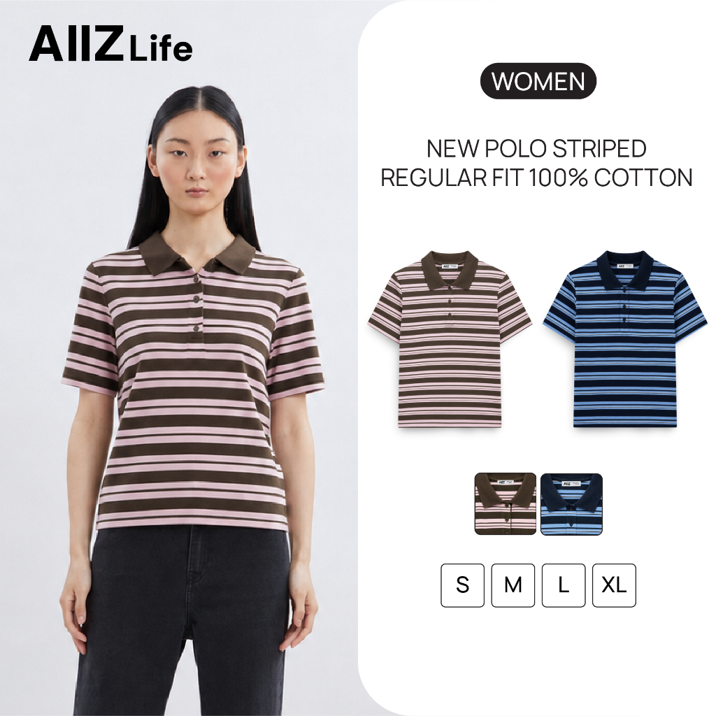 AIIZ (เอ ทู แซด) - AIIZ เสื้อโปโลแขนสั้นผู้หญิงลายทาง 100% คอตตอน AIIZ Women's New Polo Striped Regular Fit 100% Cotton