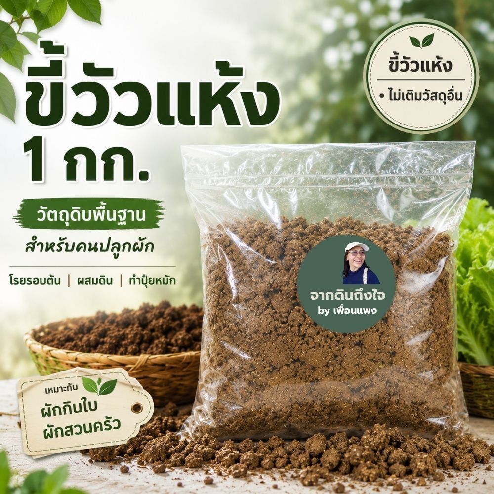 ขี้วัวแห้งแท้ 1 กก. ปุ๋ยคอกธรรมชาติ สำหรับผักกินใบ ผักสวนครัว โรยโคน ผสมดิน ทำปุ๋ยหมัก