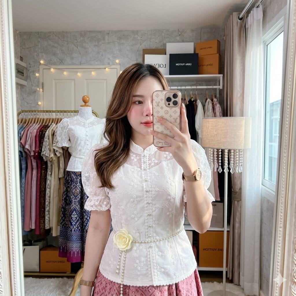 S02เสื้อลูกไม้แขนระบาย (เฉพาะเสื้อ) มีไซส์ S-3xl ผ้าลูกไม้ซิบหลังแขนระบาย2ชั้นผ้าออแกรนดี้ เหมาะสำหรับใส่ออกงานต่างๆ