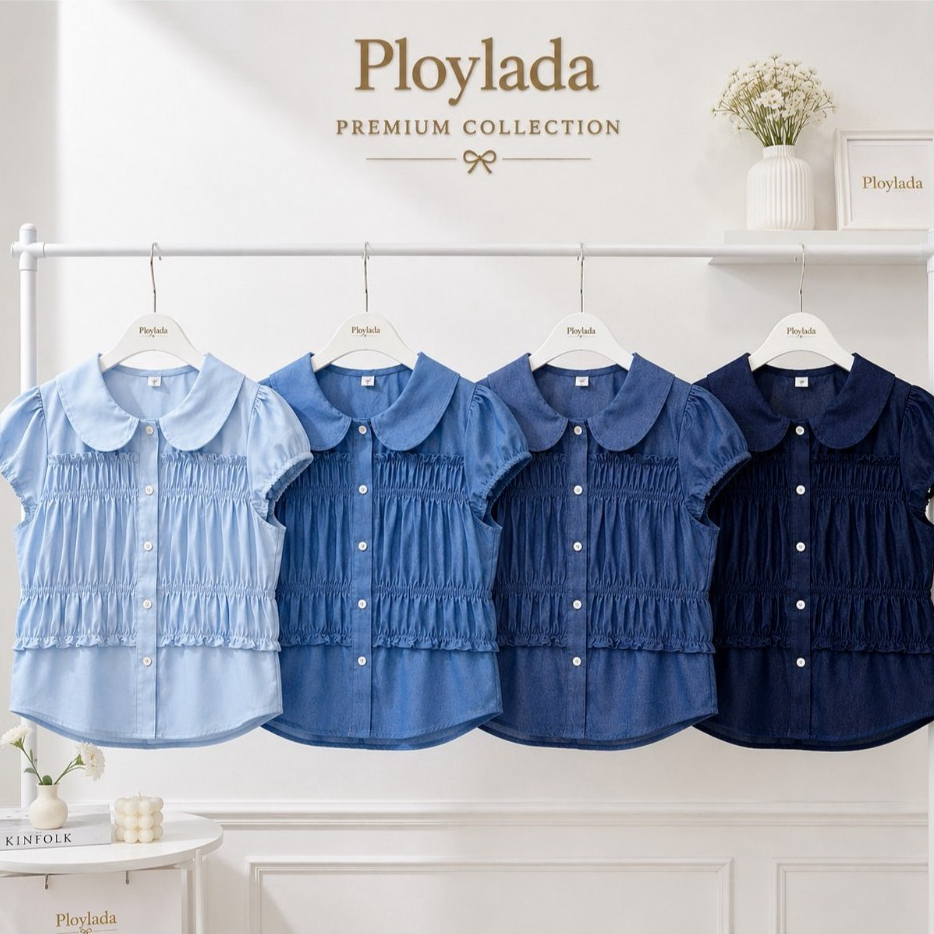 ป้าย Ploylada เสื้อผ้ายีนส์นิ่มแต่งสม็อคปกบัว อก 40 นิ้ว ยาว 20 นิ้ว