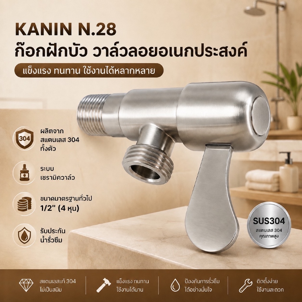 ก๊อกฝักบัว วาล์วฝักบัว สแตนเลส304💯ทั้งตัว(ด้ามปัดใบพัด)แถมฟรี! บังอายผนัง<มี มอก.✔️💯>