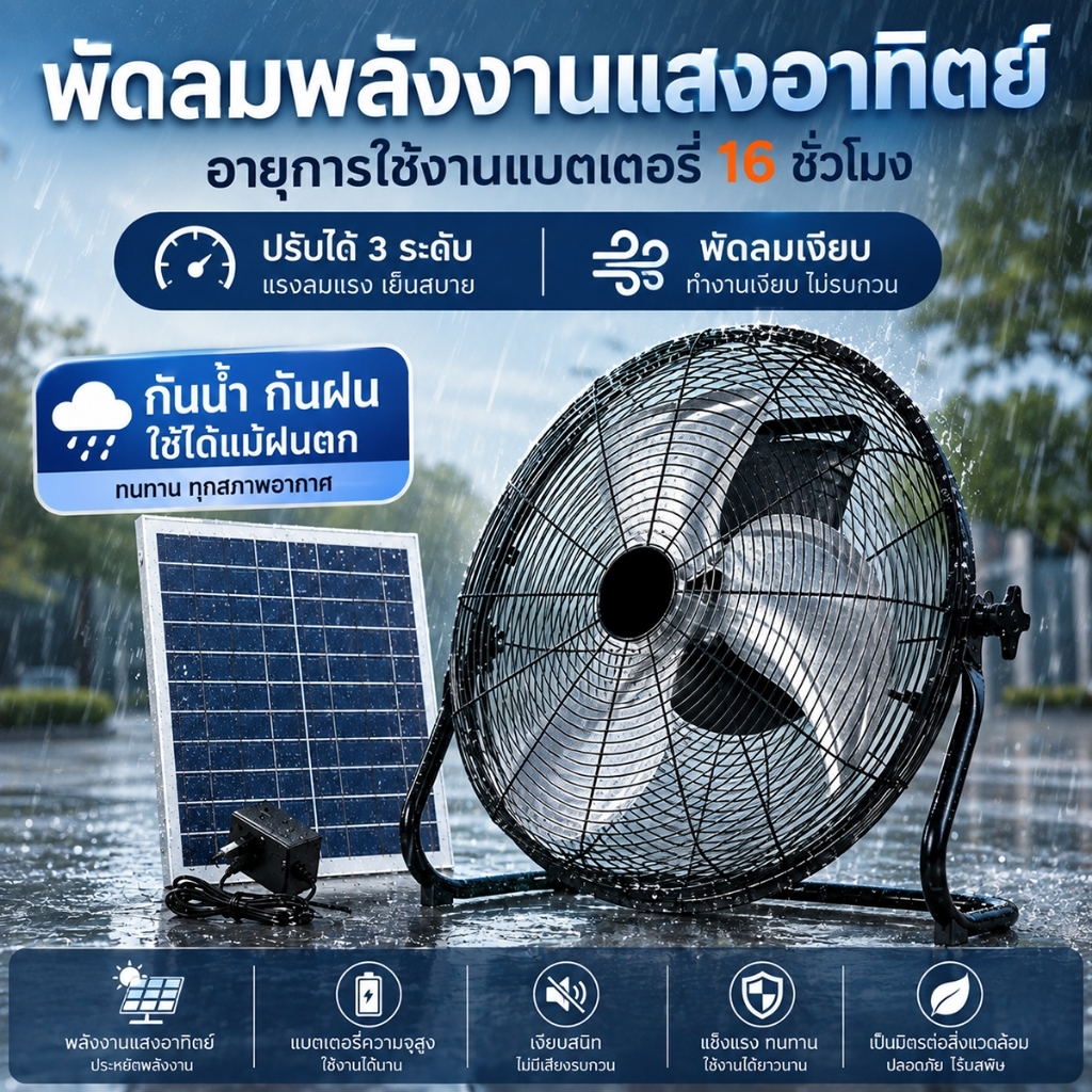 พัดลมโซล่าเซลล์ ตั้งพื้น ตั้งพื้นโซล่าเซลล์ 12 นิ้ว กลางแจ้งอเนกประสงค์ 0ค่าไฟฟ้า พร้อมแผงโซล่าเ