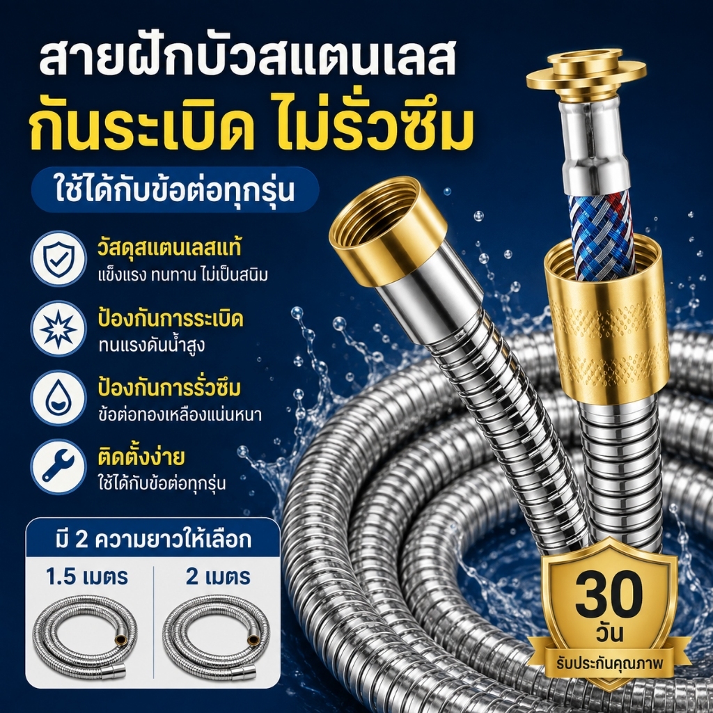 HT รุ่นหนาน้ำแรงใช้ดี สายฝักบัว 1.5/2เมตร สแตนเลส 304 อาบน้ำ สายชำระ สายเครื่องทำน้ำอุ่นน้ำออกน้ำเข้า 2ชั้น มีลาย