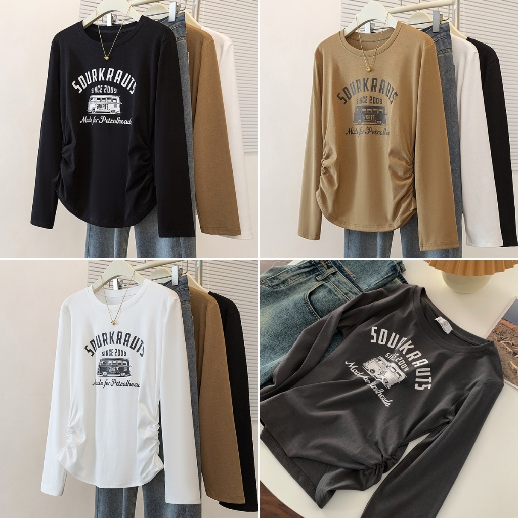 Bella Shop เสื้อยืดแขนยาวดีไซน์สไตล์อเมริกันเสื้อใส่แล้วดูผอมเพรียวแบบใหม่ฤดูใบไม้ร่วงสำหรับสาวฮอตเก๋