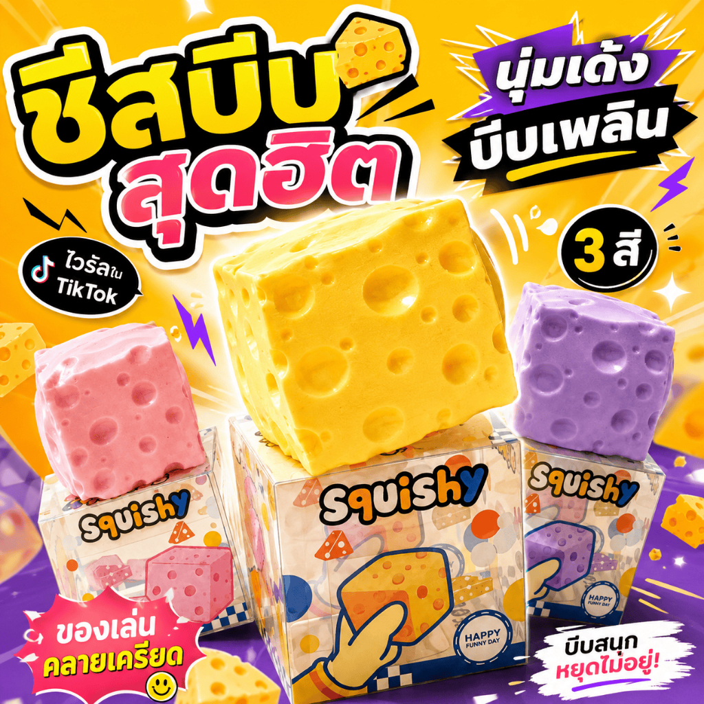 Cheese fidget ชีสเนื้อหนึบหนับคลายเครียดขนาด ของเล่นบีบ สกุชชี่ รูปชีส นุ่ม ยืดหยุ่น คลายเครียด บีบสนุก น่ารัก