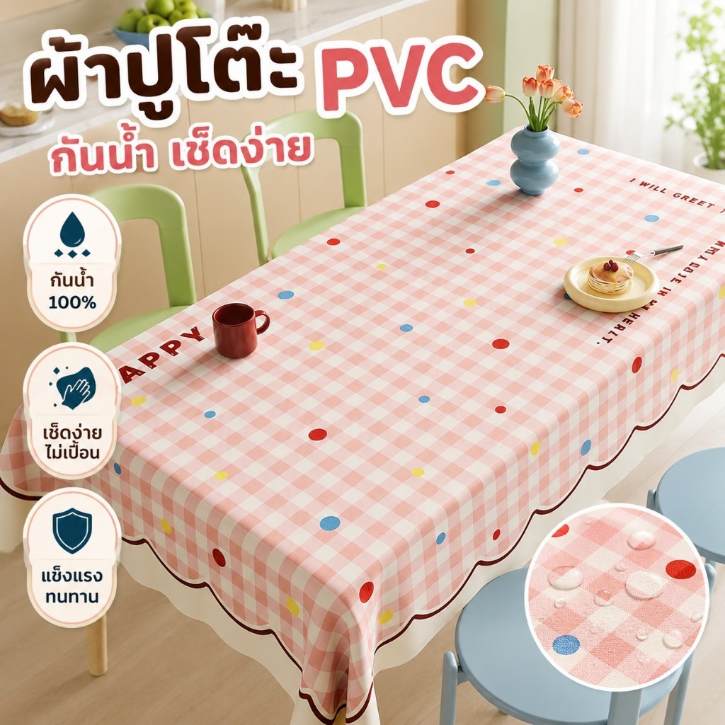 ผ้าปูโต๊ะ ผ้าคลุมโต๊ะ PVC ลายสก็อต กันน้ำ กันน้ำมัน กันเปื้อน เช็ดทำความสะอาดง่าย ทนทาน สำหรับโต๊ะอาหาร โต๊ะครัว