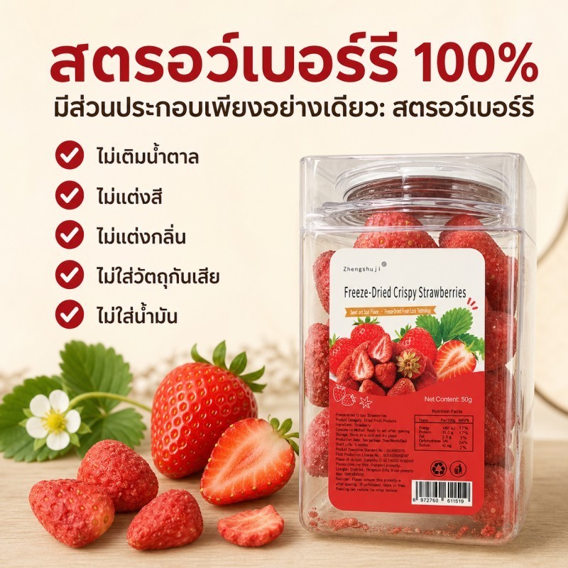 สตรอว์เบอร์รี่ฟรีซดราย เต็มลูก 50 กรัม แบบกระปุก กรอบฟู หวานอมเปรี้ยว ขนมผลไม้ Freeze Dried Strawberry