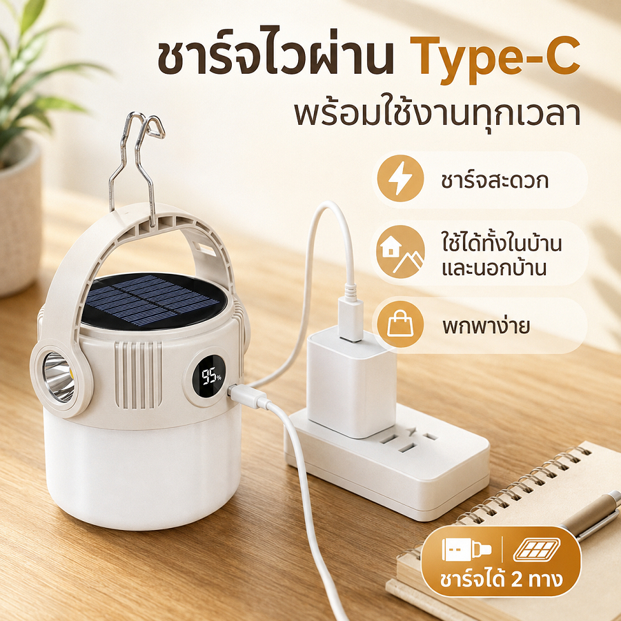 Haven Craft   รองรับชาร์จ Type‑C โคมไฟแคมป์ปิ้ง L‑DEEP ไฟฉาย LED แสงอาทิตย์ สว่างมาก แสงเต็มมุม 360° มี 4 โหมด