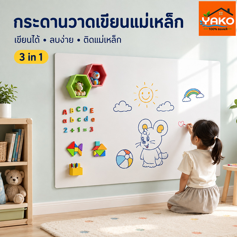 YAKO ไวท์บอร์ดติดผนัง สติกเกอร์ไวท์บอร์ด ถอดออกได้ ไม่เจาะผนัง เขียนลื่น ลบสะอาด ขอบโค้งมนปลอดภัย สำหรับเด็ก