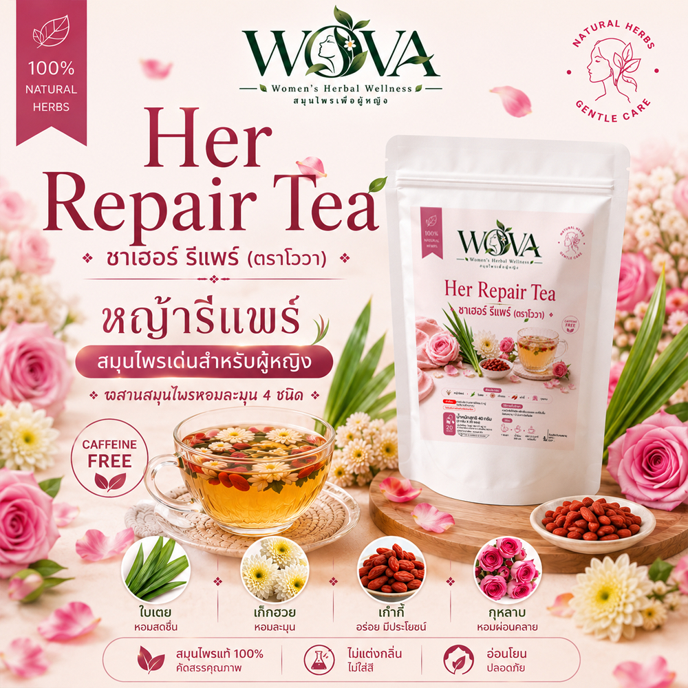 Her Repair Tea ชาเฮอร์ รีแพร์ (ตราโววา) ชาสมุนไพรหญ้ารีแพร์ สูตรหอมละมุน คาเฟอีนฟรี 20 ซอง