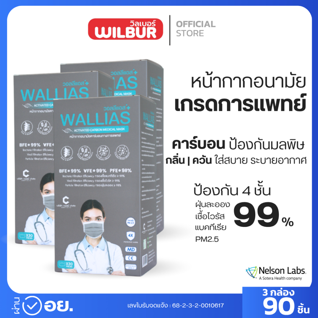 (3กล่อง) Wallias แมส คาร์บอน ป้องกันกลิ่นไม่พึงประสงค์ หนา 4 ชั้น Carbon Medical Mask แมสกันฝุ่น PM2.5 ได้มาตรฐาน