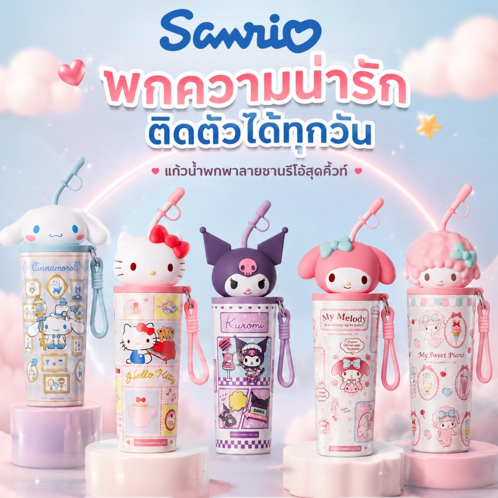 แก้วเก็บความเย็น Sanrio ฝา 3D สแตนเลส 316 ลิขสิทธิ์แท้ 700ml มีหลอดและสายคล้อง (Kitty/Kuromi/Melody/Cinnamon)
