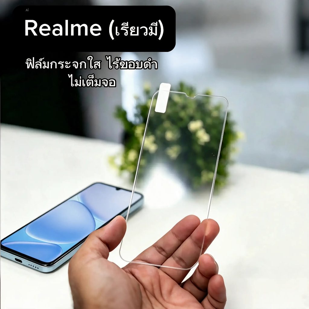 ฟิล์มใส Realme (เรียวมี) ไร้ขอบดำ ไม่เต็มจอ ไม่ดันเคส กาวเต็มแผ่น ฟิล์มกันกระแทก กันรอย Realme ทุกรุ่น