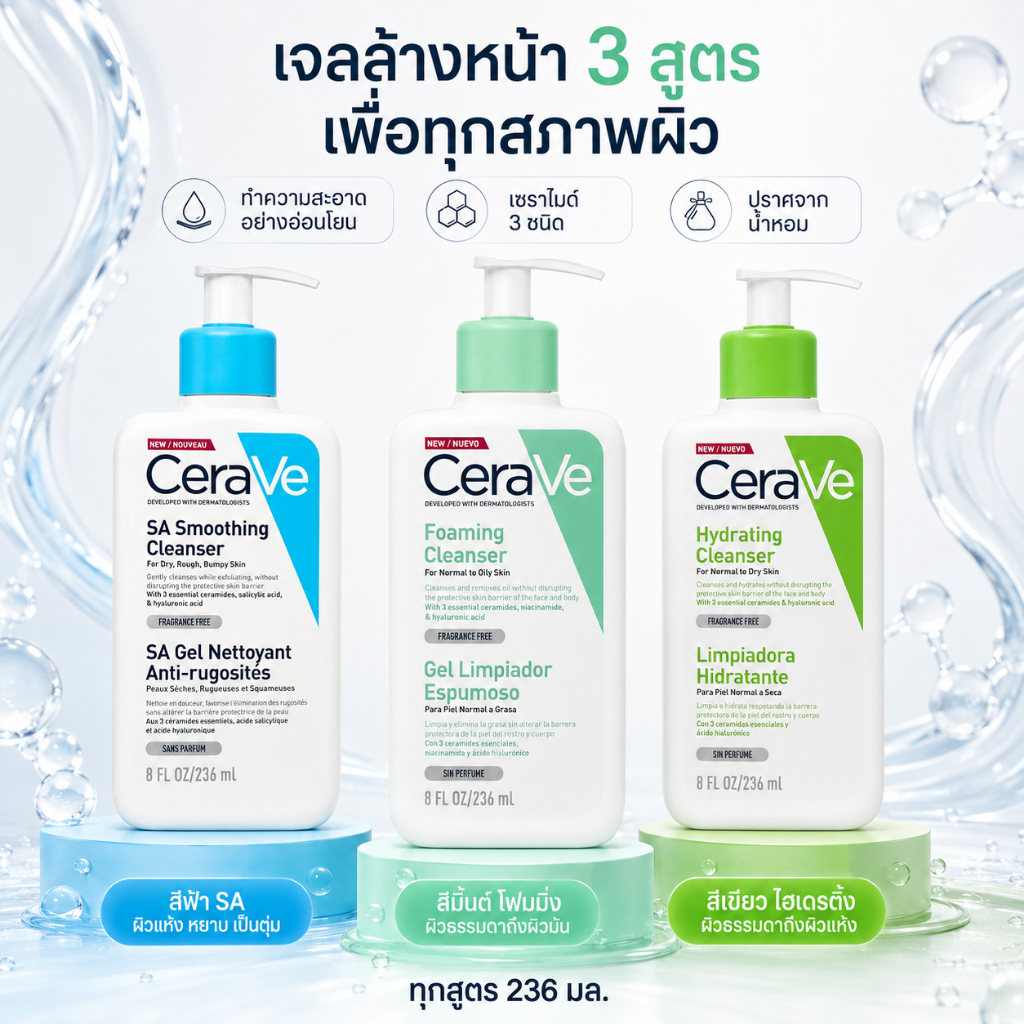 ผลิตภัณฑ์ทำความสะอาดผิวหน้า 236 มล. มี 3 สูตรให้เลือก พร้อมเซราไมด์ เหมาะสำหรับทุกสภาพผิว Foaming