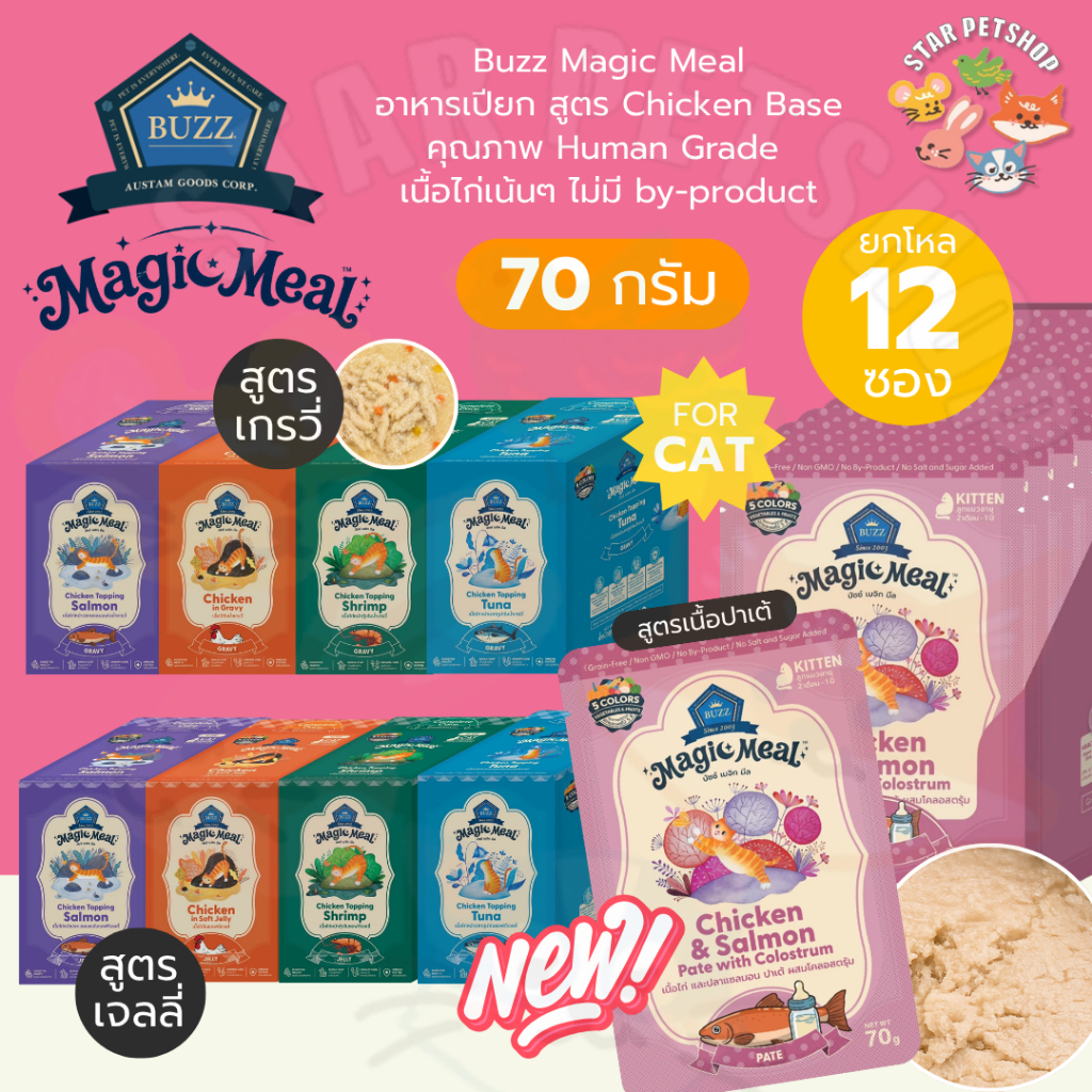 Buzz Magic Meal บัซซ์ อาหารเปียกสูตร Chicken Base คุณภาพ Human Grade เนื้อไก่เน้นๆ ขนาด 70 กรัม