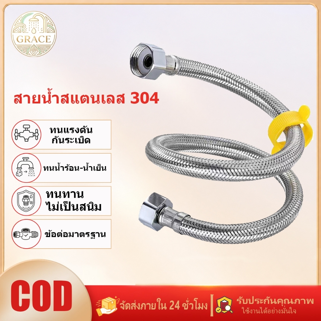 สายน้ำเชื่อมต่อ ยาง EPDM ถักสแตนเลส SUS304 ข้อต่อ 4 หุน (1/2 นิ้ว) สองหัวเกลียว สายน้ำดีสแตนเลส 304