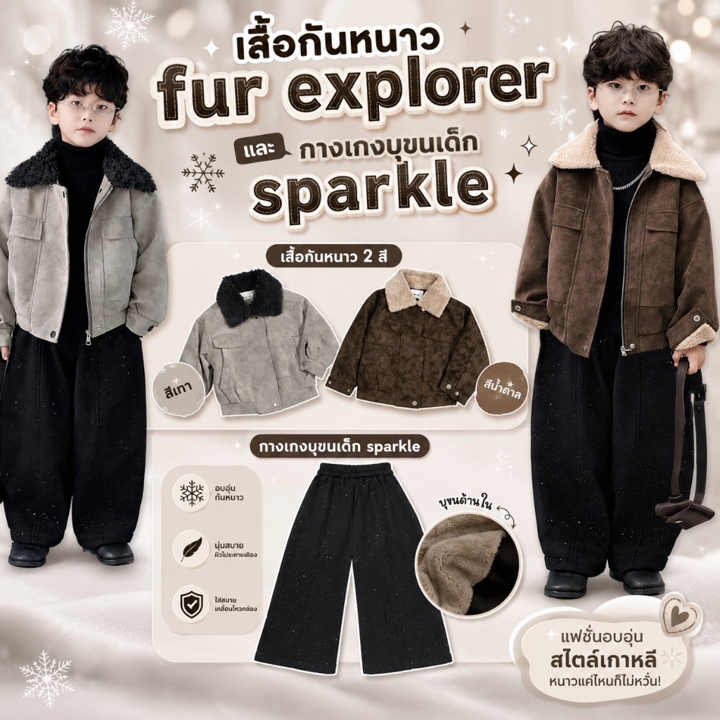 เสื้อกันหนาวเด็ก Tiny Fur Explorer Jacket และ กางเกงเด็กบุขนกันหนาวขายาวลายวิบวับ Sparkle Kids Warm Pants