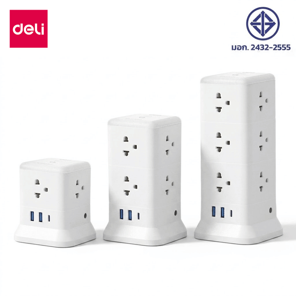 Deli ปลั๊กพ่วง ปลั๊กไฟคอนโด 4/8/12 ช่อง USB-A/Type-C 2300W กันความร้อน 750°C ไฟถนอมสายตา Tower Socke