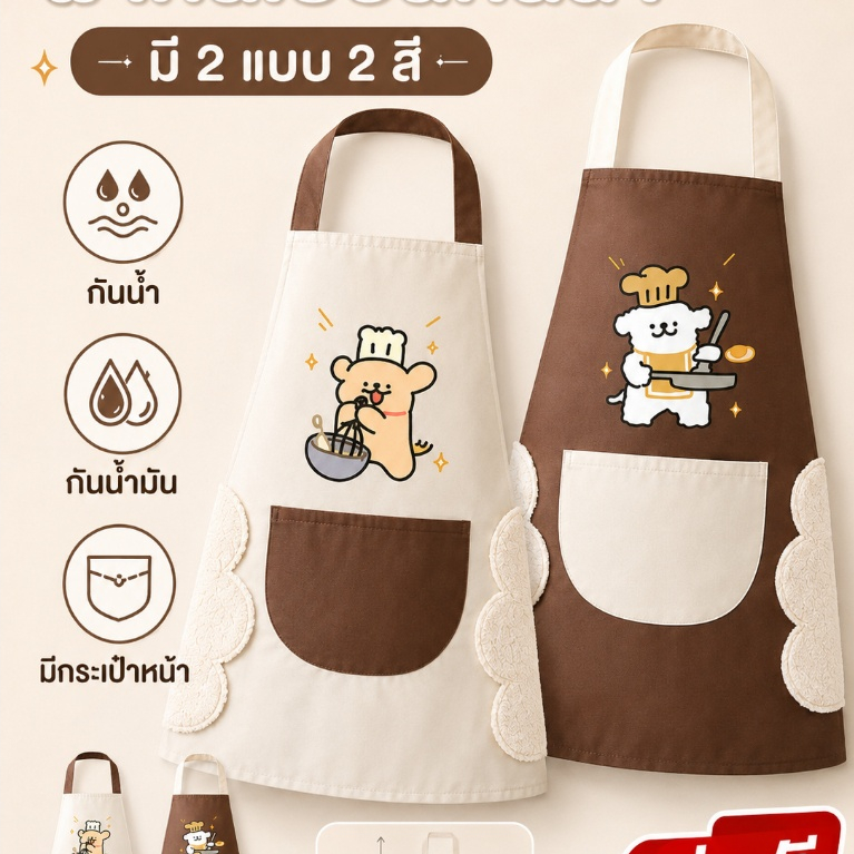 ผ้ากันเปื้อนทำอาหาร กันน้ำกันน้ำมัน มีผ้าเช็ดมือ กระเป๋าหน้า ผูกเอวปรับได้ สำหรับห้องครัว ร้านอาหาร คาเฟ่