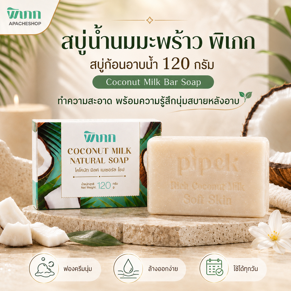 สบู่น้ำนมมะพร้าว พิเภก 120 กรัม สบู่ก้อนอาบน้ำ Coconut Milk Bar Soap ฟองครีมนุ่ม ล้างออกง่าย