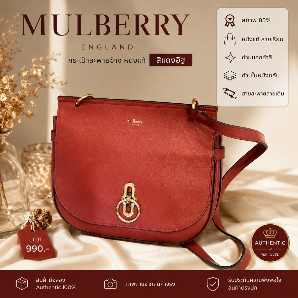 Mulberry กระเป๋าสะพายข้าง หนังแท้ สีแดงอิฐ มือสอง สภาพ 85% | LT01
