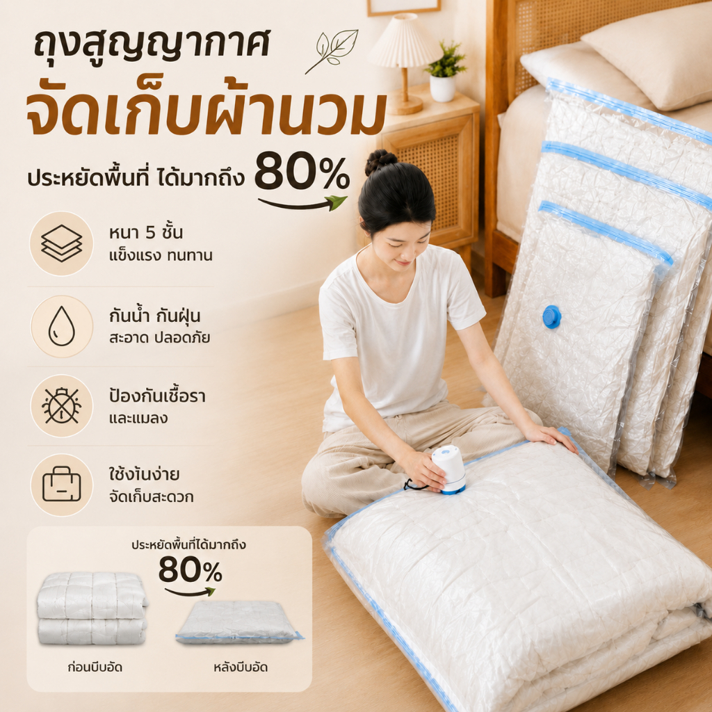 ถุงอัดสุญญากาศหนา ซีลคู่ ใส่มองเห็นด้านใน กันชื้นกันฝุ่น ไซส์ใหญ่เก็บผ้าห่มและเสื้อผ้า อัดลม