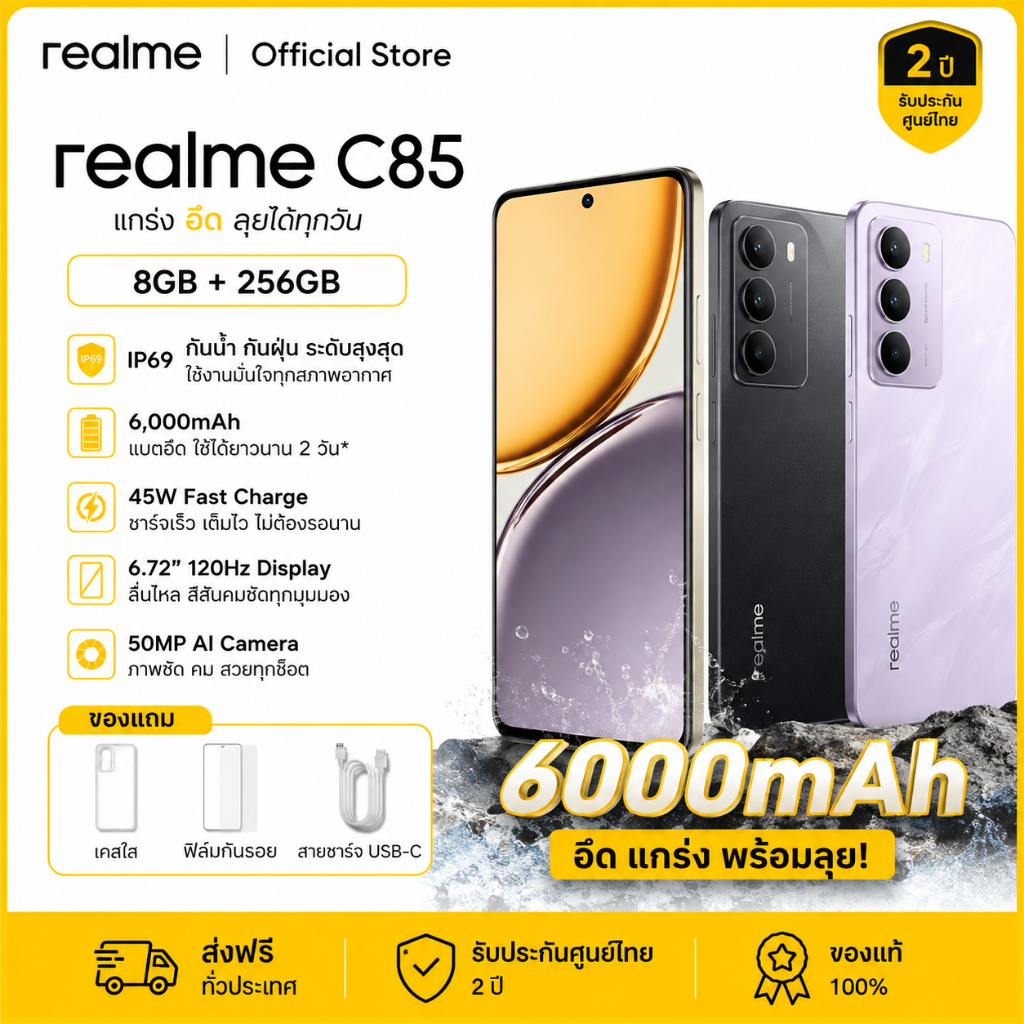 Realme C85 5G 8+256GB โทรศัพท์มือถือ จอ 6.9 นิ้ว 120Hz กล้อง AI 50MP แบตเตอรี่ 7000mAh ชาร์จเร็ว 33W