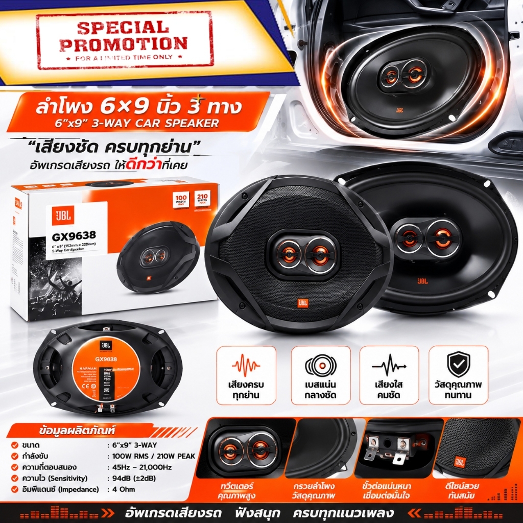 6x9 นิ้ว ลำโพงติดรถยนต์ JBL GX9638 ยกระดับความสุขทุกการเดินทาง เสียงดีเสียงใสคมชัด ครบจบในคู่เดียว 🎶