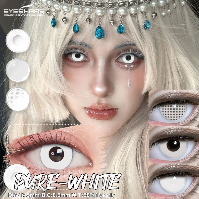 (COD)-Eyeshare คอนแทคเลนส์คอสเพลย์ 1 คู่ 14.5 มม.ตาบอด-สีดำสีขาว วันฮาโลวีนบริสุทธิ์ตาบอดสีขาวคอนแทคเลนส์รายปี