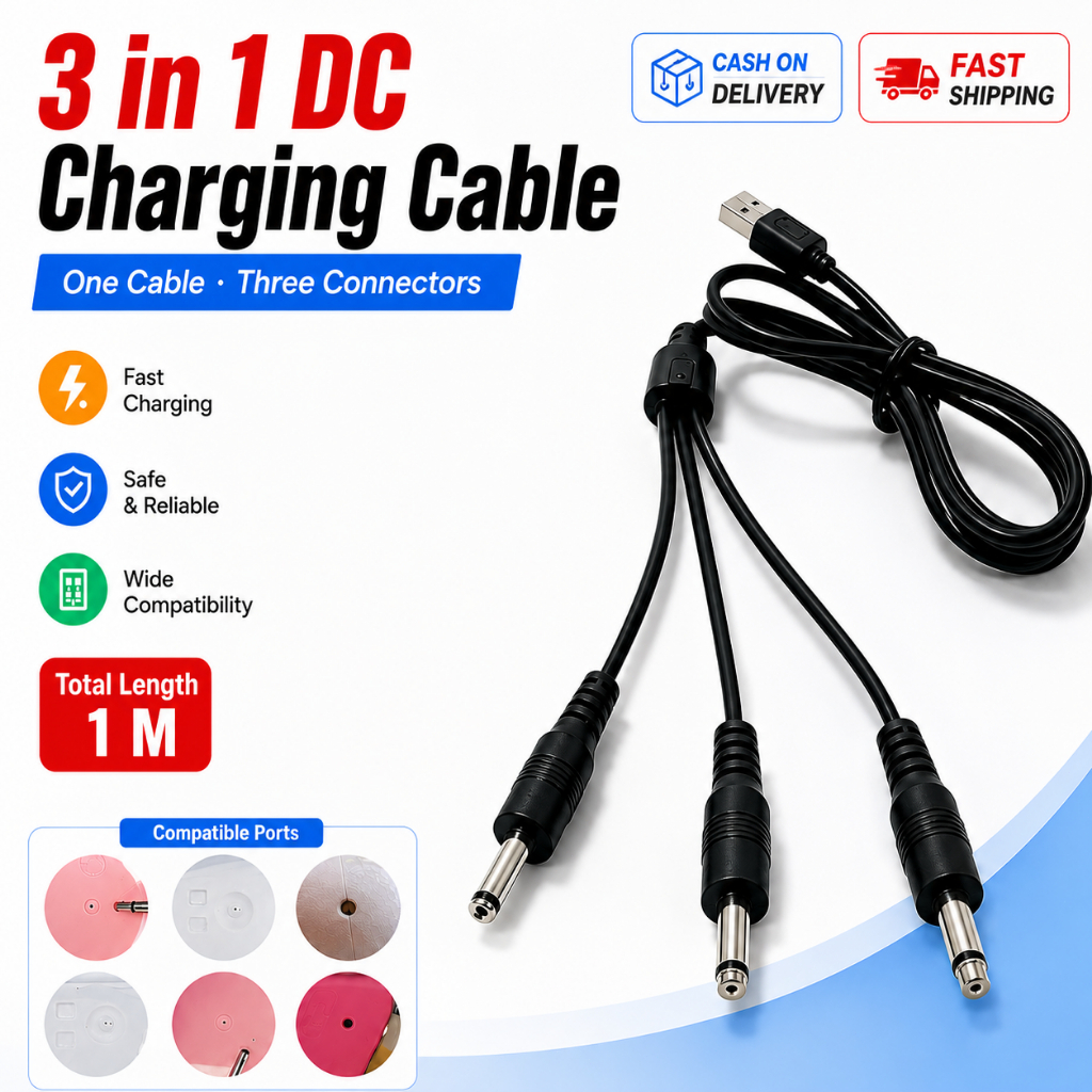 🔌 สายชาร์จ 3 in 1 หัว DC 2.5 – เล็กพกพา ชาร์จเร็ว ใช้ได้หลากหลายอุปกรณ์ ปลอดภัยทุกการใช้งาน