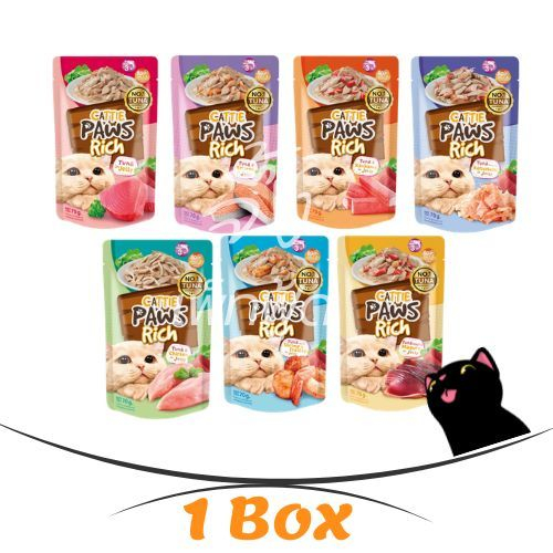 [ยกลัง 48 ซอง] Cattie Paws Rich แคทตี้ พาวส์ ริช อาหารเปียกแมว แมวโต ไม่เติมเกลือ ไม่เค็ม ขนาด 70 กรัม คละรสไม่ได้