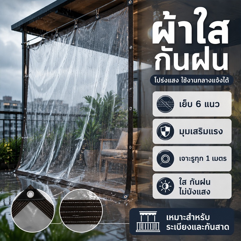 ผ้าใบใส ผ้าใบกันน้ำ วัสดุ PVC กันแดดกันน้ำ 100% ผ้าใบพลาสติกใส ผ้าใบกันฝน PE ผ้ากันแดดกันฝน (มีตาไก่) มีหลายขนาดให้เลือก