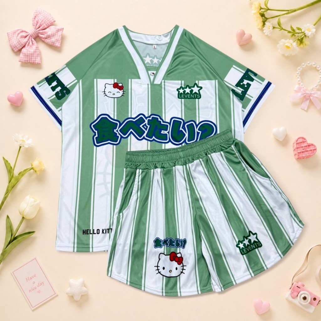 ( Nset161 ) ชุดเซท เสื้อ+กางเกง คอวี คิตตี้ ริ้ว 6สี ผ้ากีฬา 2ไซส์