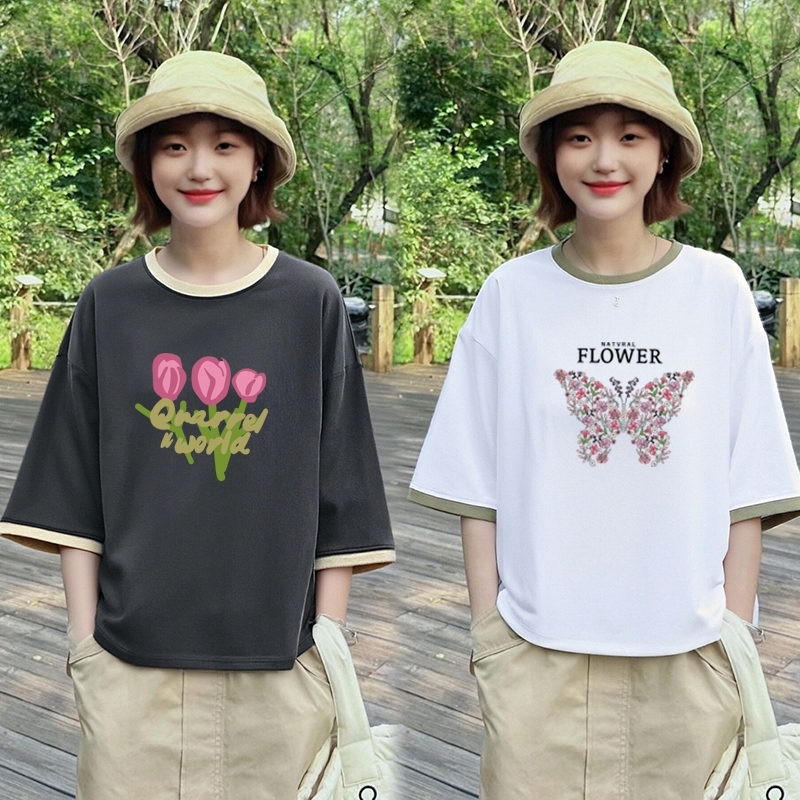 เสื้อครอปน่ารักสไตล์เกาหลี oversize เสื้อผ้าสาวอวบอ้วนไซส์ใหญ่ แฟชั่นฤดูร้อน เสื้อยืดลายการ์ตูนผู้หญิงแขนสั้นแบบหลวม 3XL