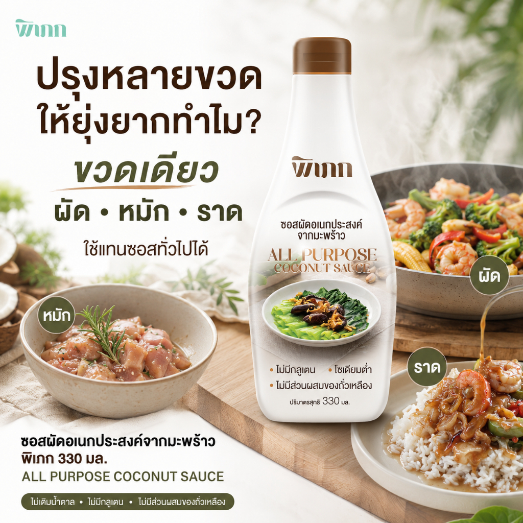 ซอสผัดอเนกประสงค์จากมะพร้าว พิเภก 330มล. ขวดเดียวผัด หมัก ราด ใช้แทนซอสทั่วไปได้