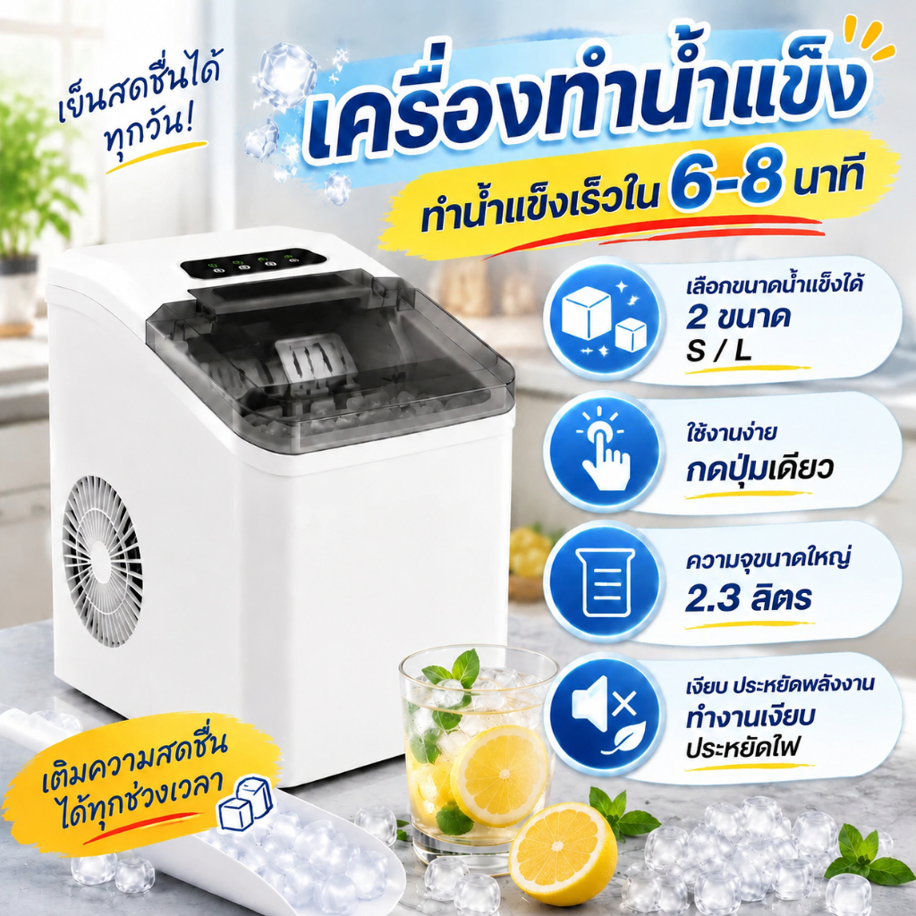 🔥เครื่องทำน้ำแข็งอัตโนมัติ ทำน้ำแข็งเร็ว 6-8 นาที น้ำแข็ง 2 ขนาด ใช้งานง่าย ความจุ 2.3L  ice maker เสียงเงียบ ประหยัดไฟ