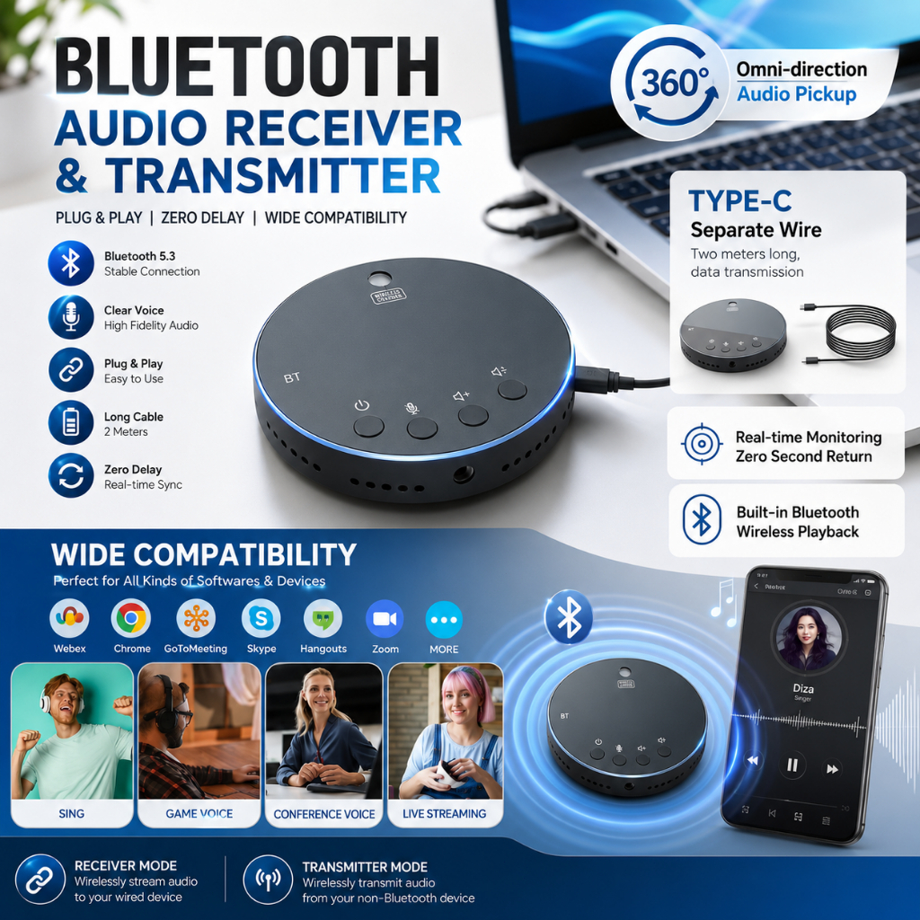 เดสก์ท็อป USB ประชุมลำโพง BT ไมโครโฟน 360 ° Omni Directional Capacitive Plug and Play คอมพิวเตอร์ไมโครโฟนพร้อมฟังก์ชั่นป