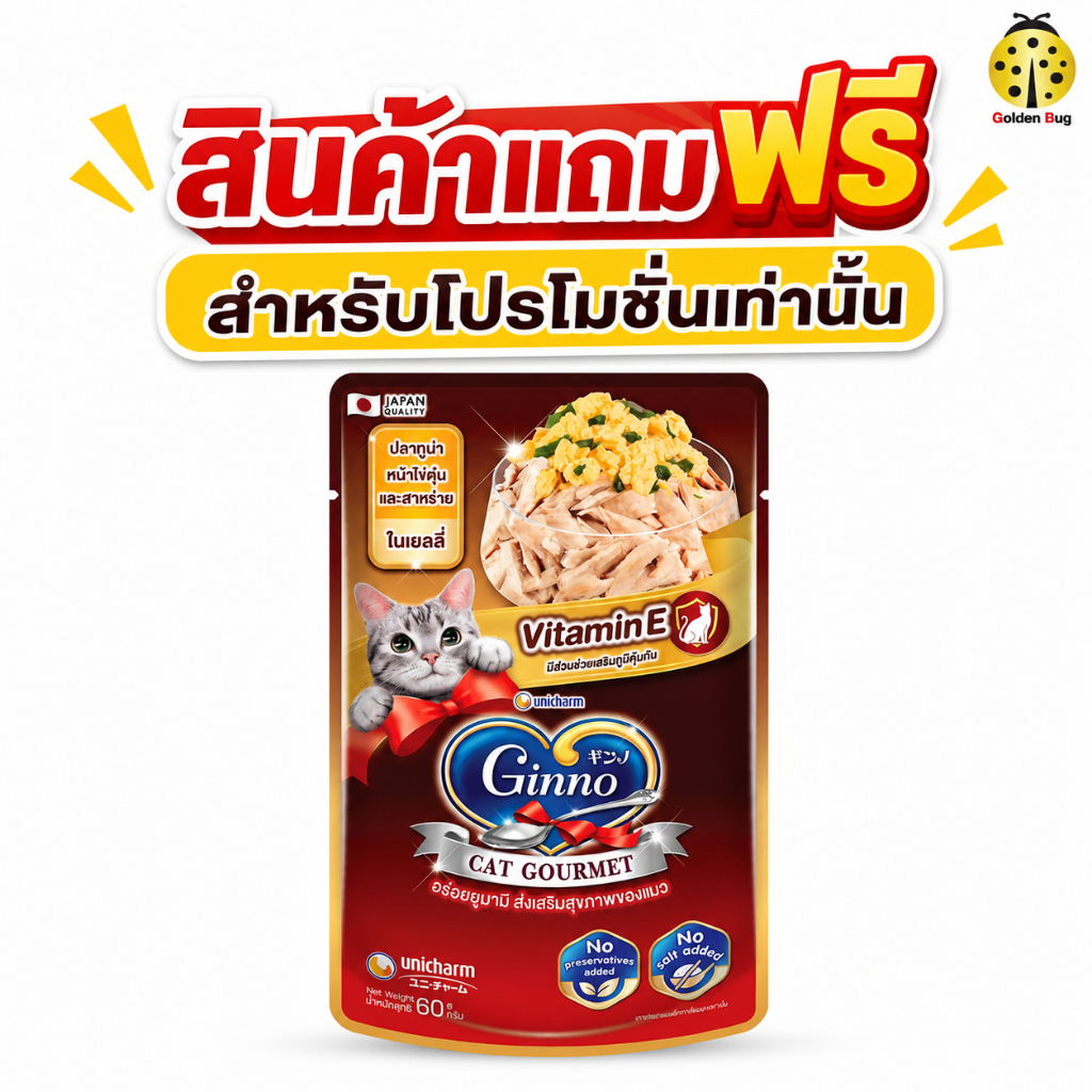 [สินค้าแถมฟรี อย่ากดสั่ง] Ginno Cat Gourmet กินโนะ อาหารเปียกแมว พรีเมียม ขนาด 60 กรัม ไม่เติมเกลือ