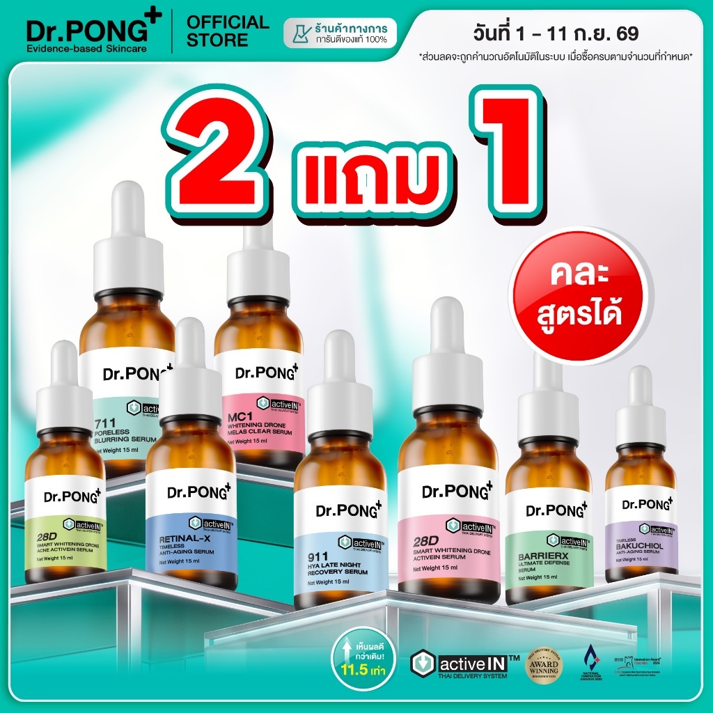 2 ฟรี 1 [รวมเซรั่มสูตรขายดี!] Dr.PONG activeIN Serum เทคโนโลยีรางวัลระดับโลก ซึมเข้าผิวมากขึ้น ปริมาณ 15 ml