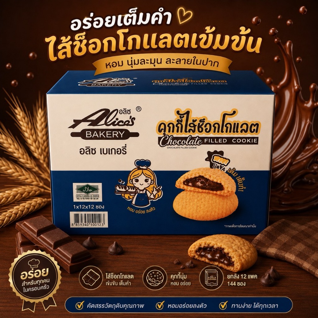 Alice's BAKERY คุกกี้ไส้ช็อกโกแลต คุกกี้ลาวา (ยกลัง 12 แพค 144 ซอง)