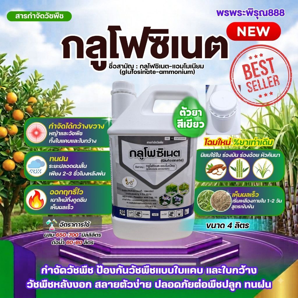 *โฉมใหม่%ยาเท่าเดิม* NAAK กลูโฟซิเนต 4 ลิตร กระติกขาว กลูโฟซิเนต แอมโมเนียม 15% W/V SL ยาฉีดหญ้า ทนฝน ทนฝน ป้องกันวัชพืช